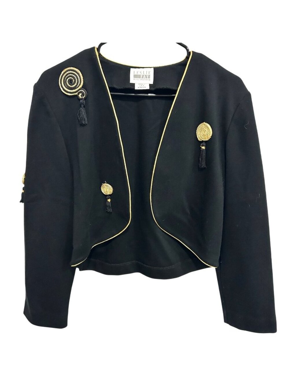 Leslie Fay Sz 8P Black Gold Trim Tassel Cropped Jacket Retro Maximalist Luxury